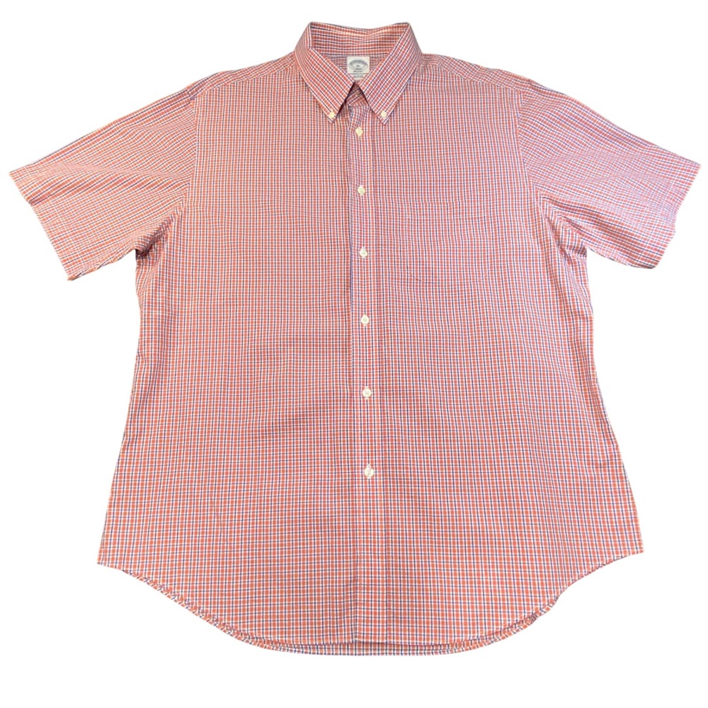 Brooks Brothers Regent Mens XL Orange Blue Check Short Sleeve Button Down Shirt